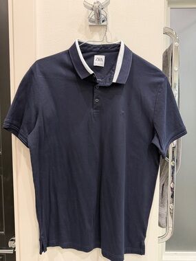 ZARA Navy Polo with White-Trim Collar
